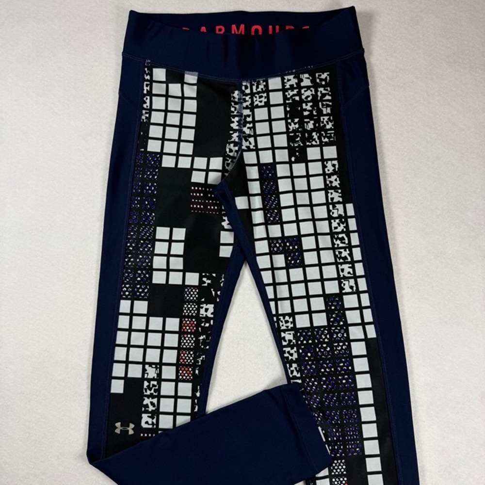 Under Armour HeatGear Compression Leggings Medium Navy Blue Geometric Grid Print - Picture 3 of 11